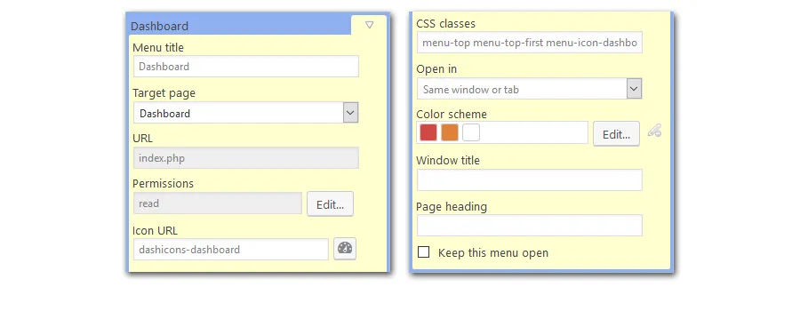 Menu item properties