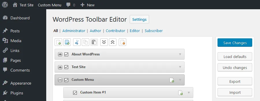 Toolbar editor interface